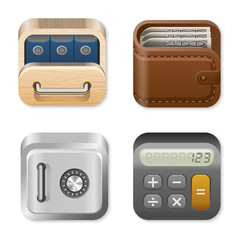 Finance Icons set: Drawer, Wallet, Vault, Calculator. Vector.