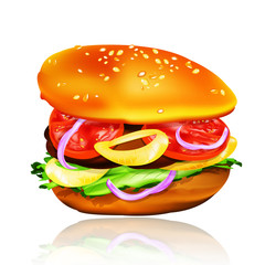 Hamburger with tomato, lettuce, onion and meat