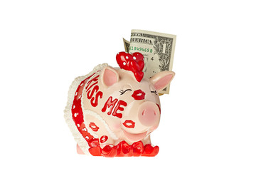 Amusing piggy bank with the one-dollar banknote and words Kiss m