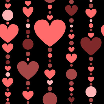 Red hearts and beads threads on black seamless pattern, vector