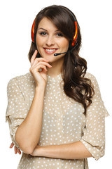 Smiling support phone operator woman in headset