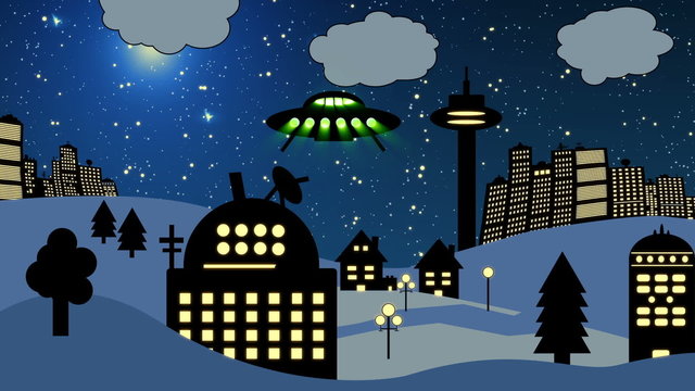Ufo über Sternwarte vor Stadt Skyline (Cartoon)
