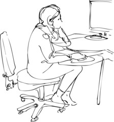a sketch a girl sits and works at the computer