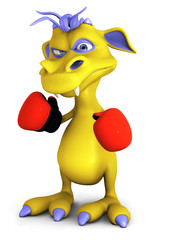 Cute cartoon monster wearing boxing gloves.