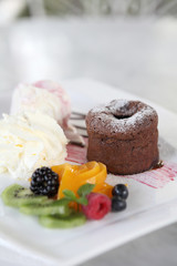 Chocolate Lava Cake with ice cream and fruit