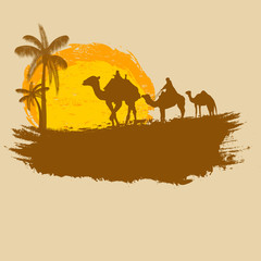 Camel and palms on grunge background