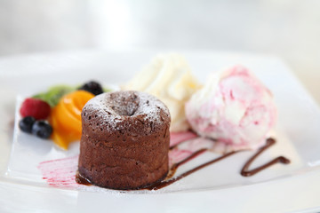 Chocolate Lava Cake with ice cream and fruit