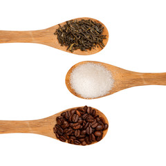 spoons with tea, coffee and sugar on a white background