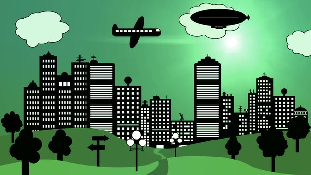 Stadt Skyline mit Wolkenkratzer und Flugzeug