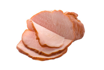 Sliced ham isolated on white background.