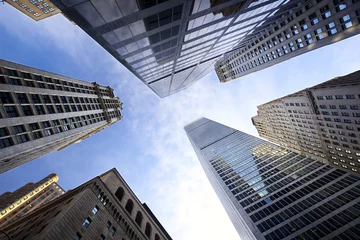 Foto op Canvas Looking up Lower Manhattan skyscrapers, New York City © Oleksandr Dibrova