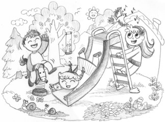 Playground: 3 happy kids playing. Hand drawn illustration.