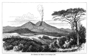 Ansicht des Vesuv/ Vesuvio/ Vesuvius, Golf von Neapel, Kampanien, Italien, Europa, Vulkan, im 19. Jahrhundert (Alte Lithographie) © Carola Vahldiek