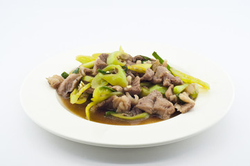 Stir fried pork with green chili pepper.