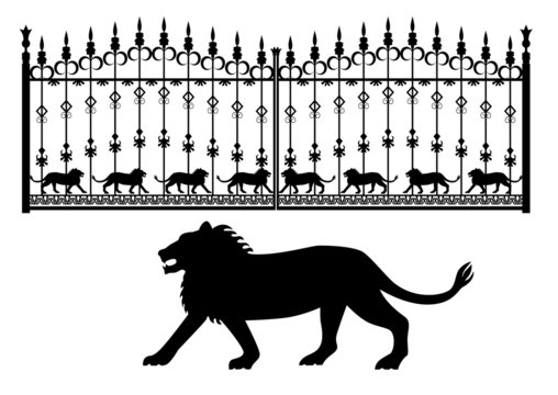 recommend clip art: A silhouette of a lion and the iron gates with lions