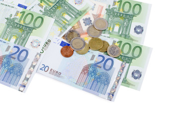 Various Euro currency bills and coins