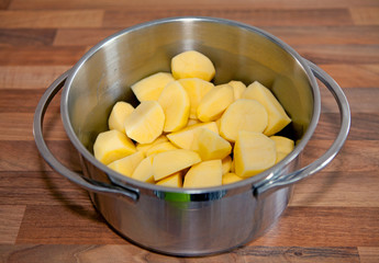 Raw potatoes in steel pan