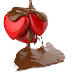 close up chocolate syrup leaking over heart shape symbol