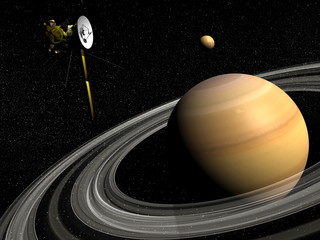 Cassini spacecraft near Saturn and titan satellite - 3D render © Elenarts