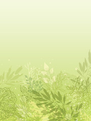 Vector fresh glowing spring plants vertical background with hand