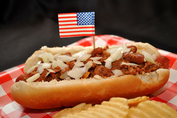 American Chili Dog with Diced Onion on Top
