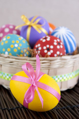Fototapeta na wymiar Colorful Easter eggs on basket