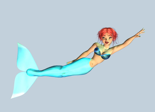 Blue mermaid with red hair