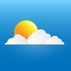 Blue sky with paper clouds and sun. Vector illustration. 