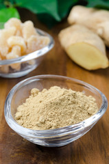 ground ginger in a glass bowl closeup