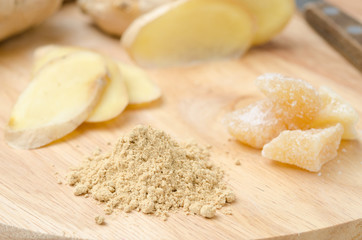 Fototapeta na wymiar three kinds of ginger - dried, fresh and candied