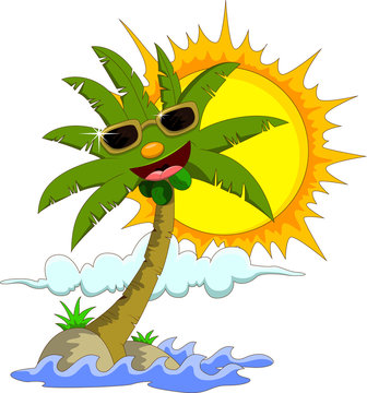 Tropical island with cartoon palm tree and sun