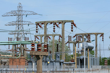 Electricity generation substation against a blue sky