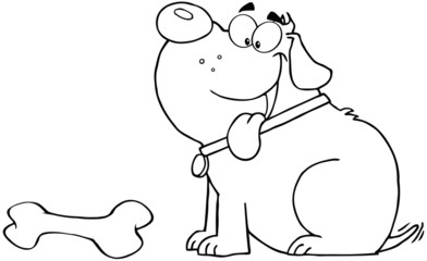 Outlined Happy Fat Dog With Bone
