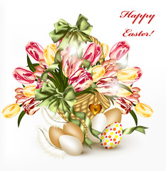 Cute Easter greeting card with basket full of realistic  tulips