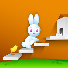 Easter bunny with little chick on stairs, Happy Easter Backgroun