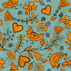 Flower, hearts, birds seamless