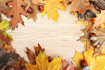 brown acorns on autumn leaves, on wooden background