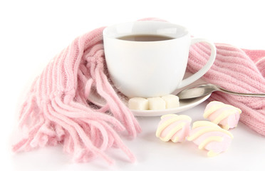 cup of tea with scarf isolated on white