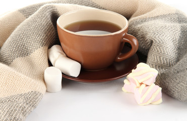 Obraz na płótnie Canvas kubek herbaty z szalikiem na białym