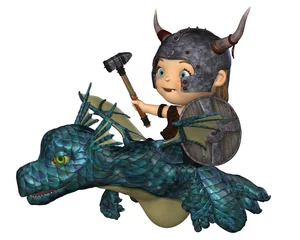 Tuinposter Toon Baby Viking Flying a Pet Dragon © Algol