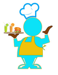 Chef with hamburger and fresh fruit juice. Menu cafe