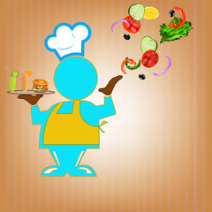 Chef with hamburger and fresh fruit juice. Menu cafe