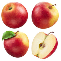Red apple collection. set of fruits and leaf isolated on white