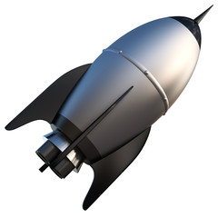 3D illustration of cartoon rocket over white background