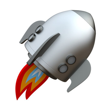 3D illustration of cartoon rocket over white background