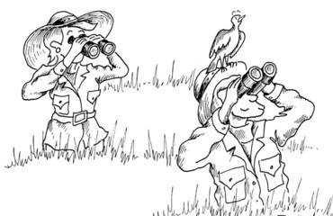 Woman looks at bird who looks at other bird