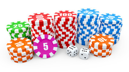 Casino chip stacks over white background. 3D render illustration