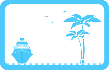 blue background with ship, palm and seagull and sample text