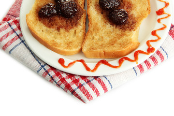 White bread toast with jam on plate, isolated on white