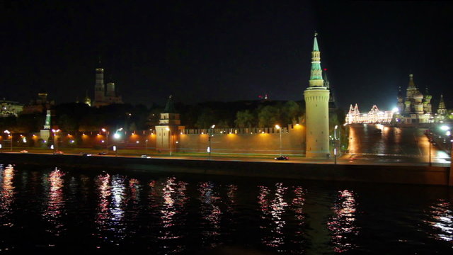 Moscow Kremlin river night landscape with ship